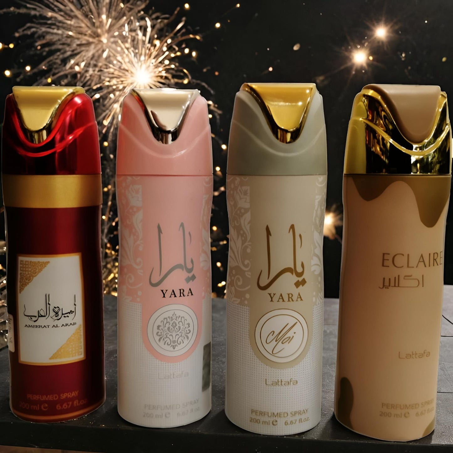 Lot de 4 Déodorants Lattafa 200 ml – Yara Rose, Yara Moi, Ameerat Al Arab, Eclaire Aksar