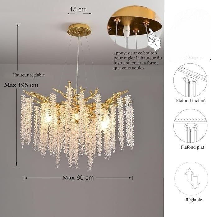 Lustre Moderne en Forme de Branche d’Arbre avec Perles en Cascade 60Ø