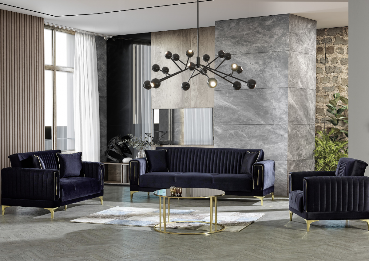 Ensemble 2 Canapés + Fauteuil Convertible + coffre Modèle CHICAGO NOIR - D & C